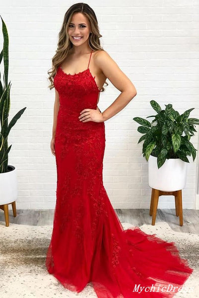 Long Mermaid Red Prom Dress 2024 Spaghetti Straps Appliques with