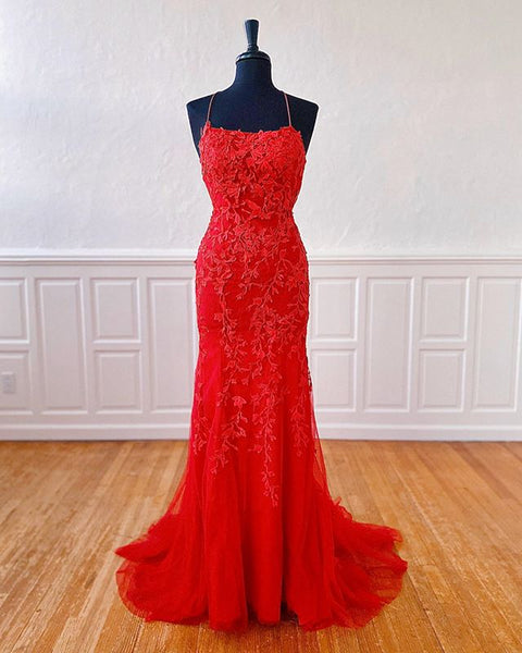 Sexy Long Lace Red Prom Dresses Open Back – MyChicDress
