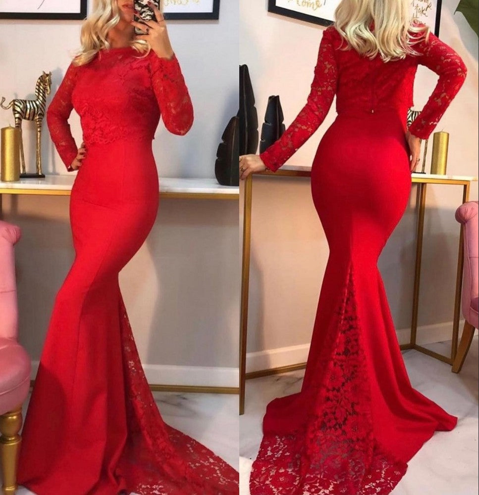 Sexy Mermaid Long Sleeves Red Lace Prom Dresses – MyChicDress
