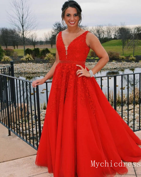 Fancy Dotted Red Tulle Beaded Straps & Belt Prom Dress - VQ