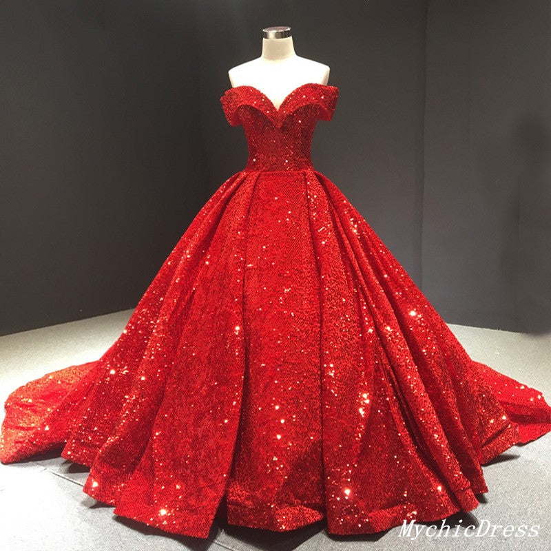 2024 Sparkly Red Ball Gown Wedding Dresses Sequin Off the Shouder Quin ...