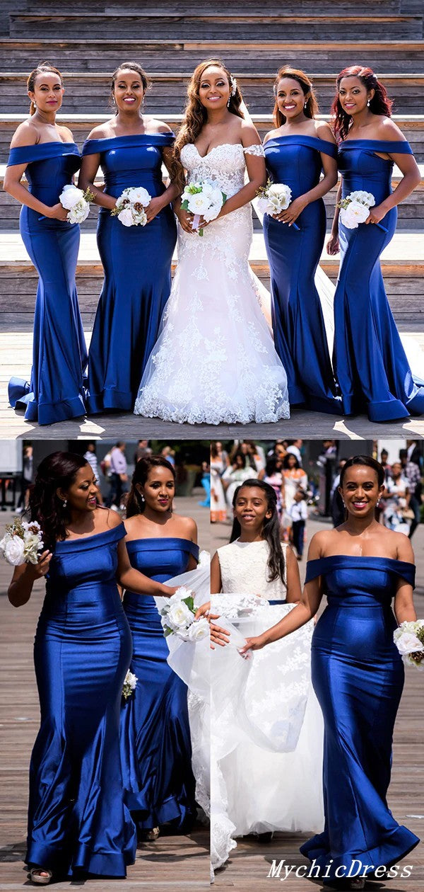 Long Satin Mermaid Bridesmaid Dresses Royal Blue Wedding Guest Dress O ...