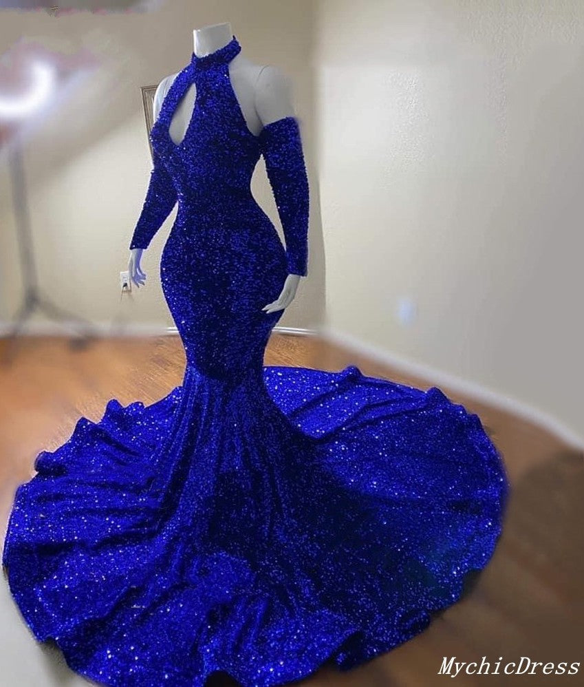 Gorgeous High Neck Long Sleeve Royal Blue Prom Dresses Sequins Party D ...