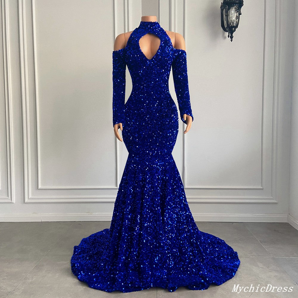 Gorgeous High Neck Long Sleeve Royal Blue Prom Dresses Sequins Party D ...