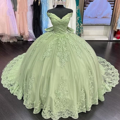 2024 Lace Sage Green Quinceanera Dresses Applique Off Shoulder Sweet 1 ...