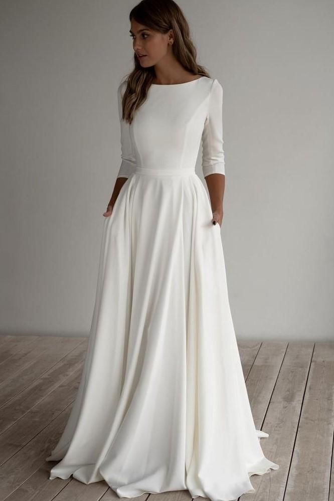 White Simple A-line Satin 3/4 Sleeve Backless Wedding Dresses With