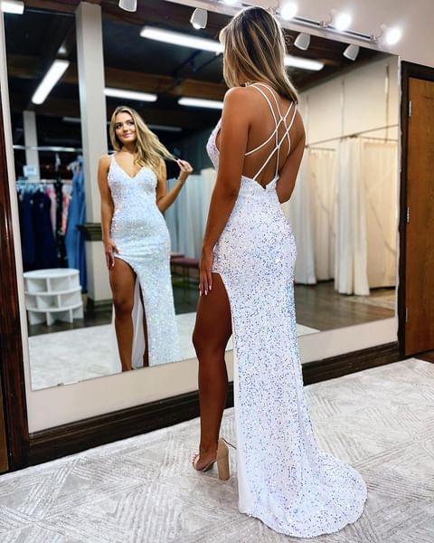Sparkly Sexy White Glitter Plunging Neck Prom Gown - Promfy