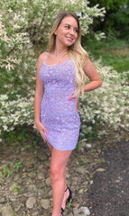 2025 Short Lilac Homecoming Dress Lace Tight Hoco Dress Spaghetti Straps