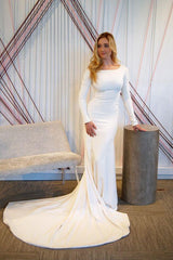 Simple Satin Long Sleeves Wedding Dresses Spring Ivory Bridal Gown