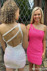 Hot Glitter 2024 Sequin Homecoming Dresses Tight One Shoulder Short Cocktail Dress