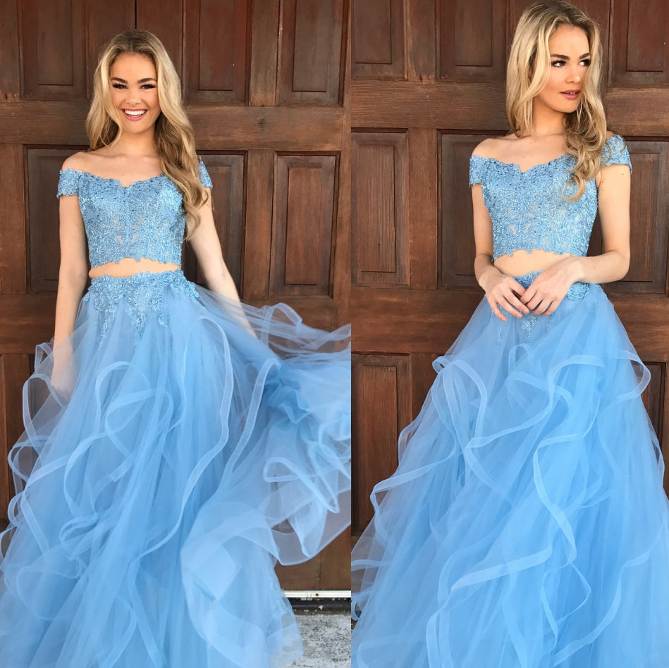 Floor-length Off the shoulder Tulle Blue Two piece Prom Dresses ...